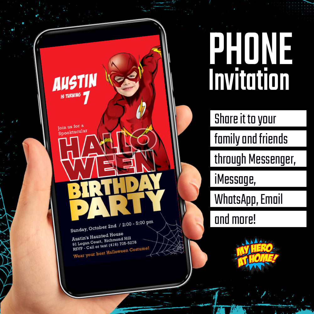 Personalized Flash Halloween birthday Digital Invitation with photo, Flash Spooktacular mobile. 971