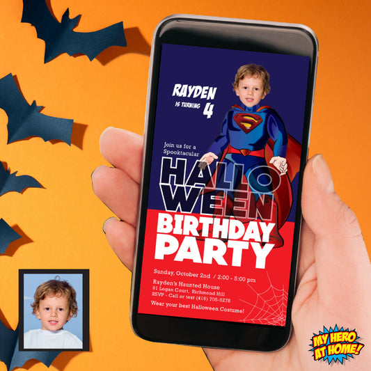 Personalized Superman Halloween Party Digital Invitation with Kid as the Star. 973