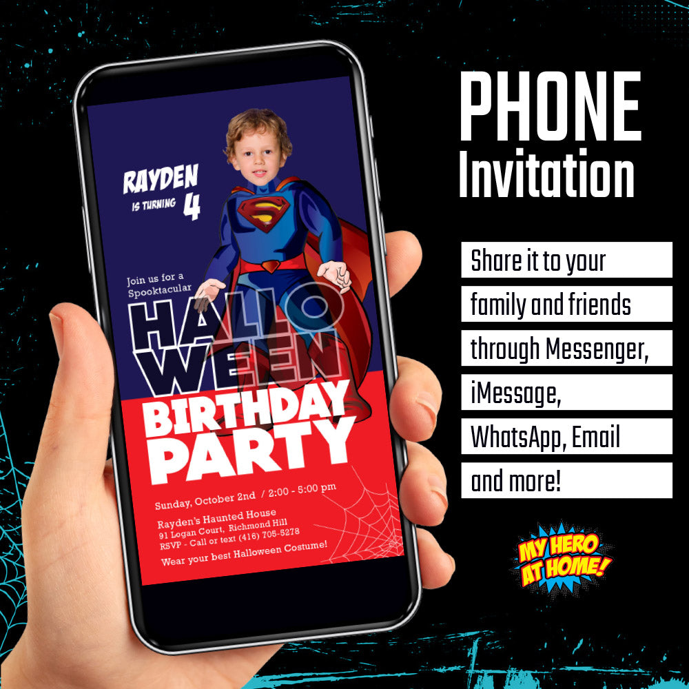 Personalized Superman Halloween Party Digital Invitation with Kid as the Star. 973