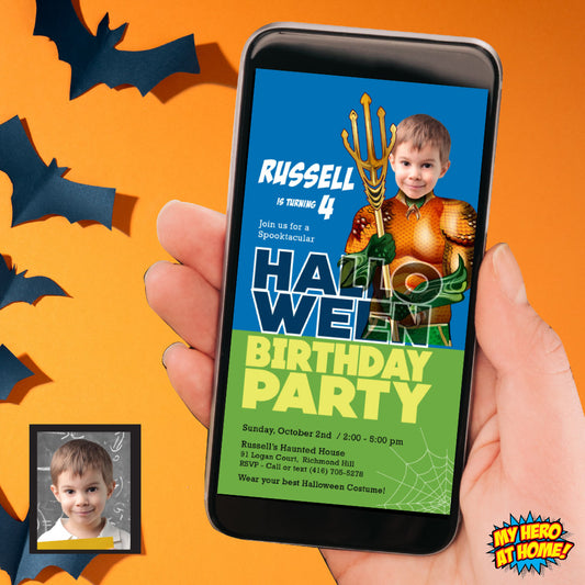 Aquaman Halloween Birthday Digital Invitation with Kid as his favorite Superhero. 974