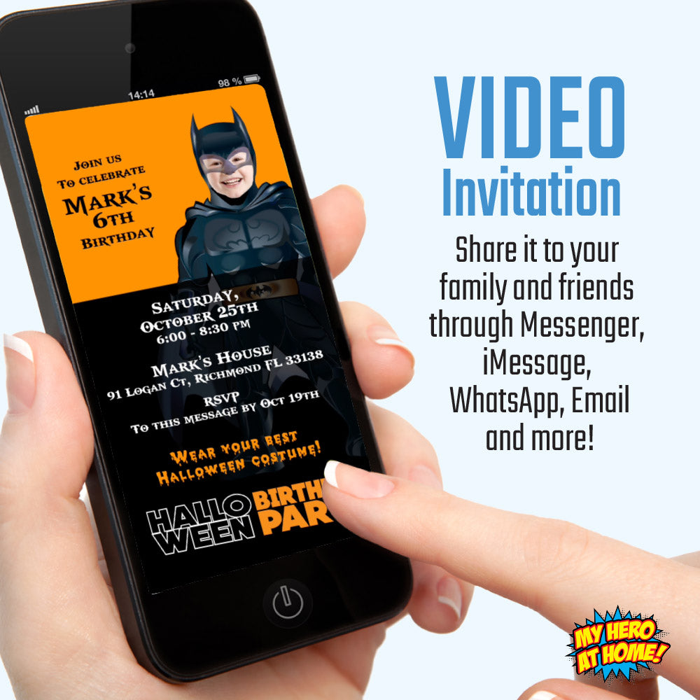 Batman Halloween Birthday party video Invitation with your kid as Batman, Superhero halloween video invite. 975V