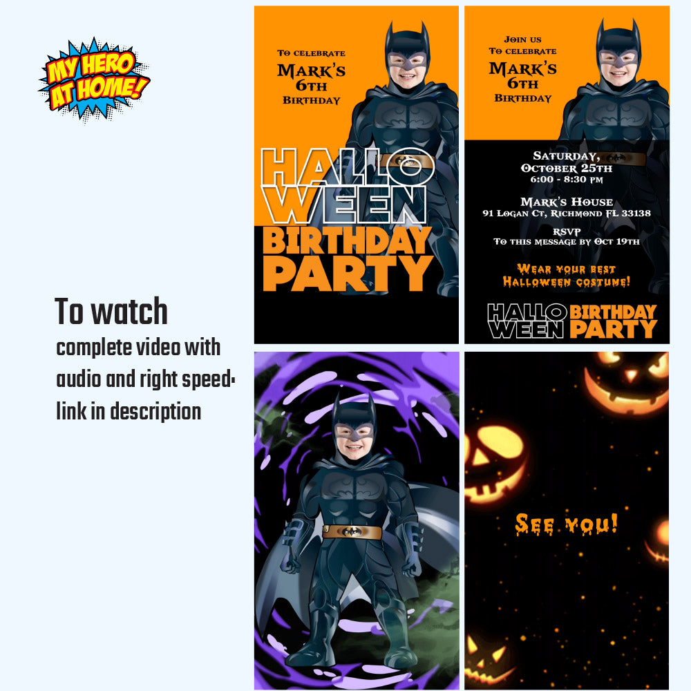 Batman Halloween Birthday party video Invitation with your kid as Batman, Superhero halloween video invite. 975V