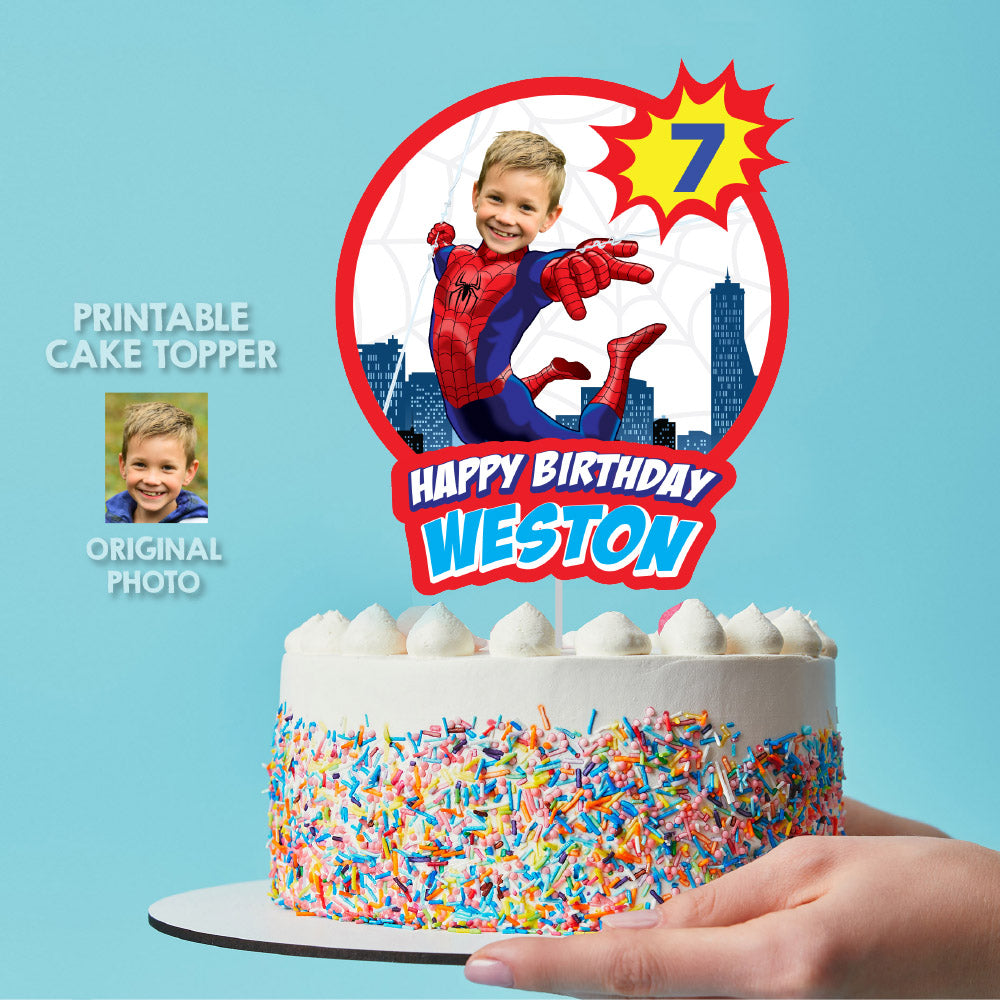 Printable Cake Topper of Spiderman with birthday boy as the superhero (Print, cut, assemble). 978CT