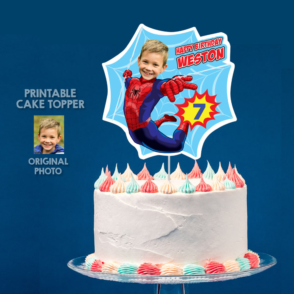 Printable Cake Topper of Spiderman with birthday boy as the superhero (Print, cut, assemble). 978CT