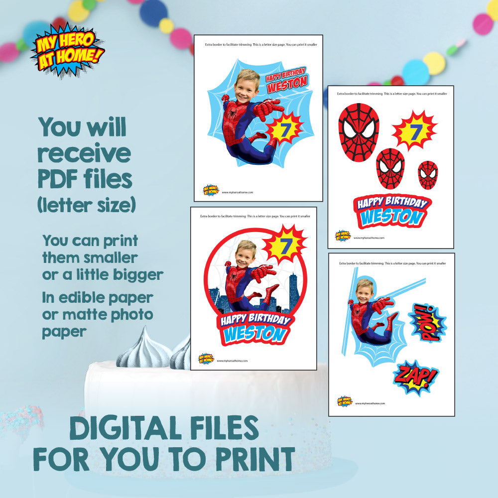 Printable Cake Topper of Spiderman with birthday boy as the superhero (Print, cut, assemble). 978CT