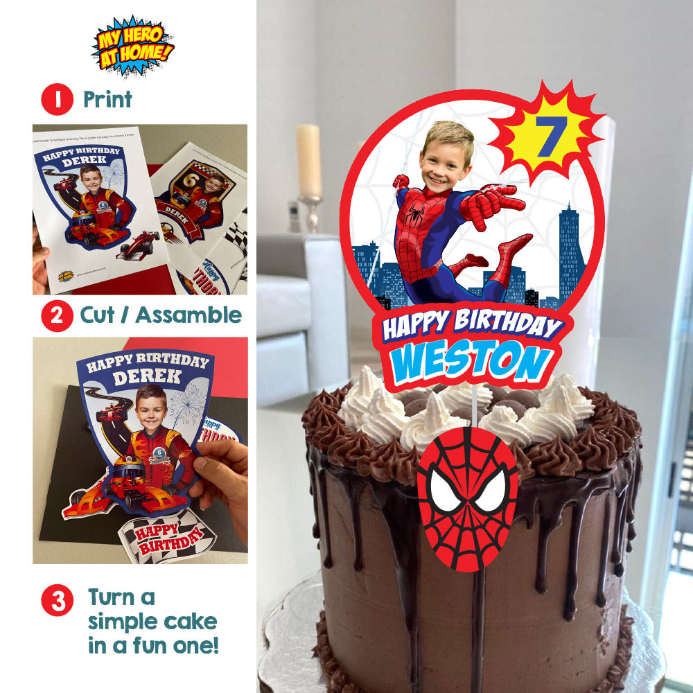 Printable Cake Topper of Spiderman with birthday boy as the superhero (Print, cut, assemble). 978CT