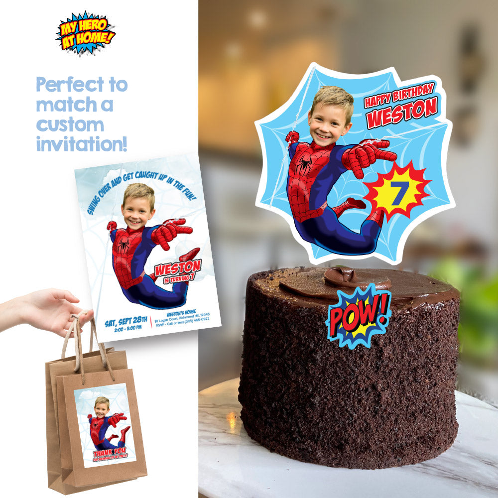 Printable Cake Topper of Spiderman with birthday boy as the superhero (Print, cut, assemble). 978CT