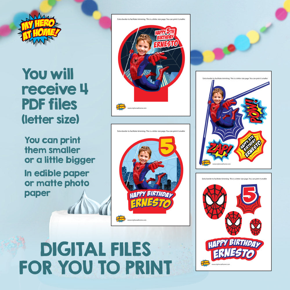 Bundle Spiderman Party table with kid as the Superhero, Cake Topper, snacks labels, Chip bags, Party favors. 101B1