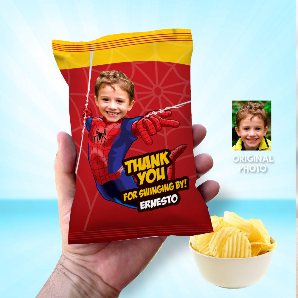 Customized Bundle Spiderman snacks labels with photo: water wrappers and Juice pouch, Chip bags, Candy boxes. 101B3