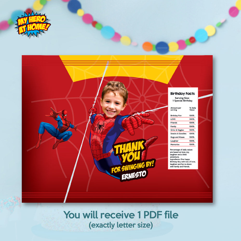 Customized Bundle Spiderman snacks labels with photo: water wrappers and Juice pouch, Chip bags, Candy boxes. 101B3