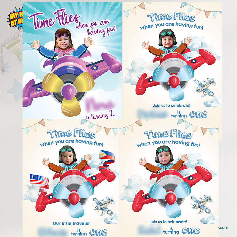 Pink Airplane birthday Invitation with photo of birthday girl, Pink Airplane party template. 625