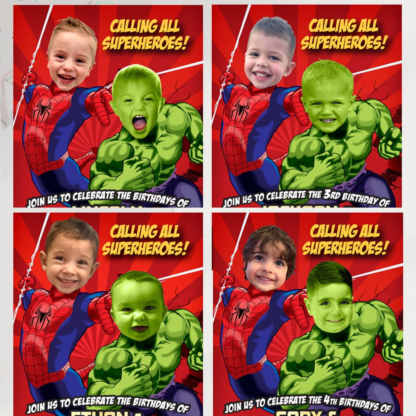 Personalized Spiderman and Hulk Birthday Invitation with children as their favorite Avengers. 438H