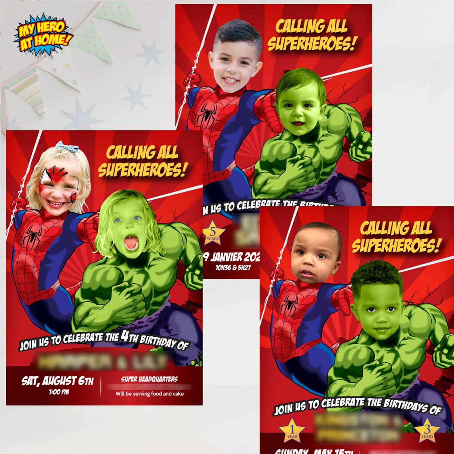 Personalized Spiderman and Hulk Birthday Invitation with children as their favorite Avengers. 438H
