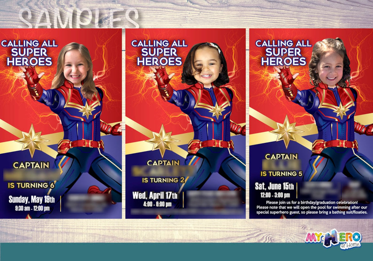 Personalized Captain Marvel Birthday Party Invitation with Little Girl as the Star. 289
