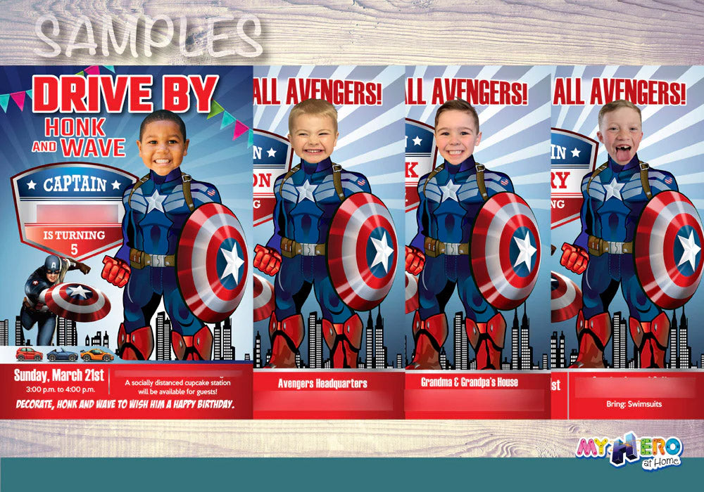 Personalized Joint Black Panther and Captain America birthday Invitation with photos. 164IN