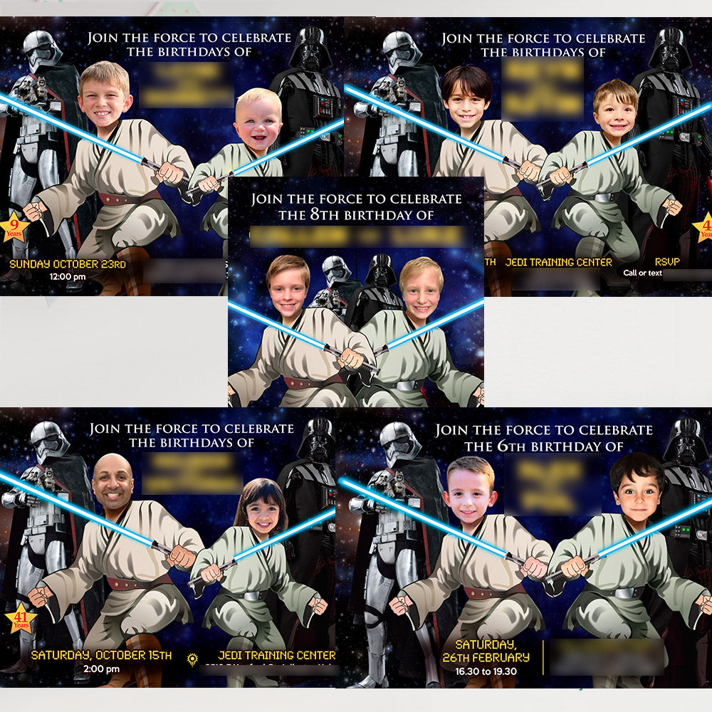 Boy and Girl Siblings Star Wars Birthday Invitation with kids as the Jedi. 423H2