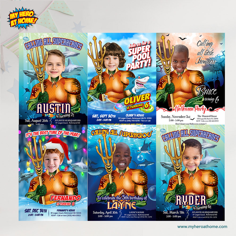 Pool Splash Birthday Party Invitation with Two Boys as Aquaman and Spiderman. 2483