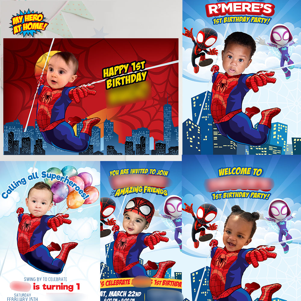 Custom Spiderman 1st Birthday Invitation featuring baby as a super cute Spiderman. 100