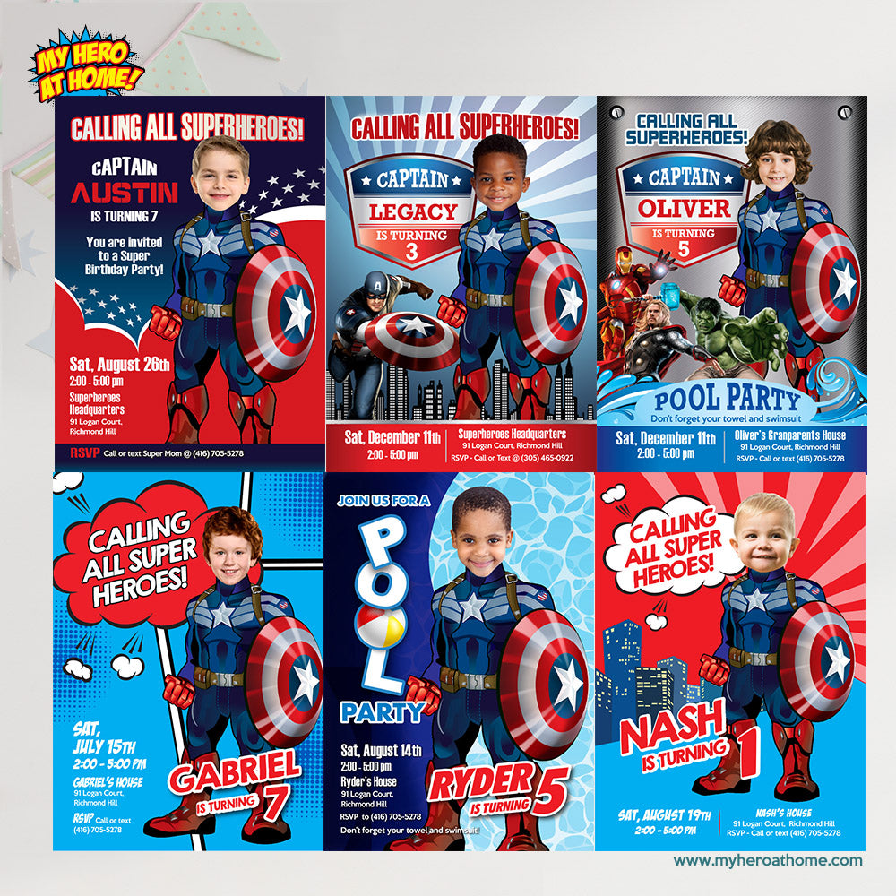 Personalized Captain America Pool Party Invite with kid as the star (Digital) 697IN