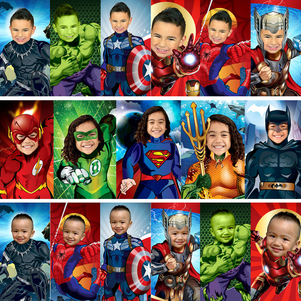 Six Gifts Prints of Superheroes with the photo of your kid, Set of 6 Super heroes prints, 6 prints of superheroes gifts. 2204F