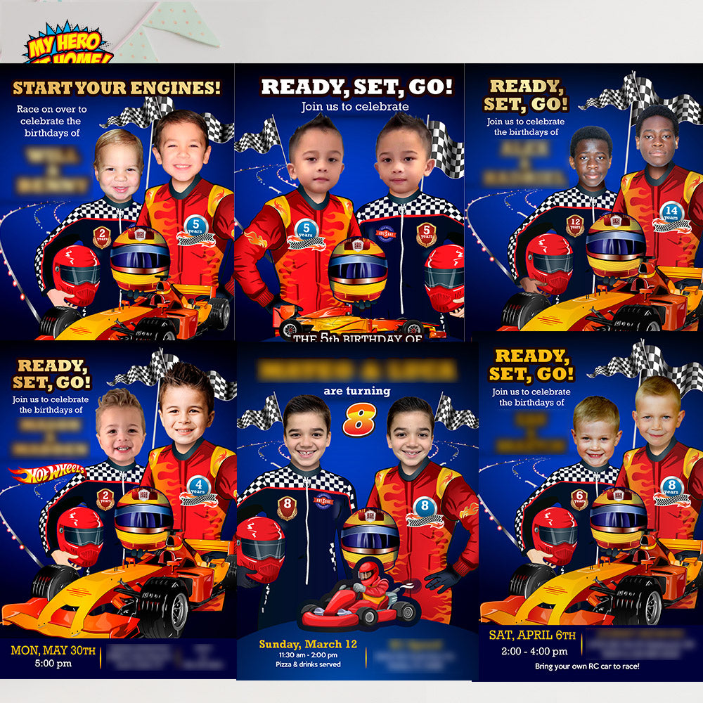 Joint Race Car birthday Invitation with kids as the stars, Siblings Race Car Party template. 316