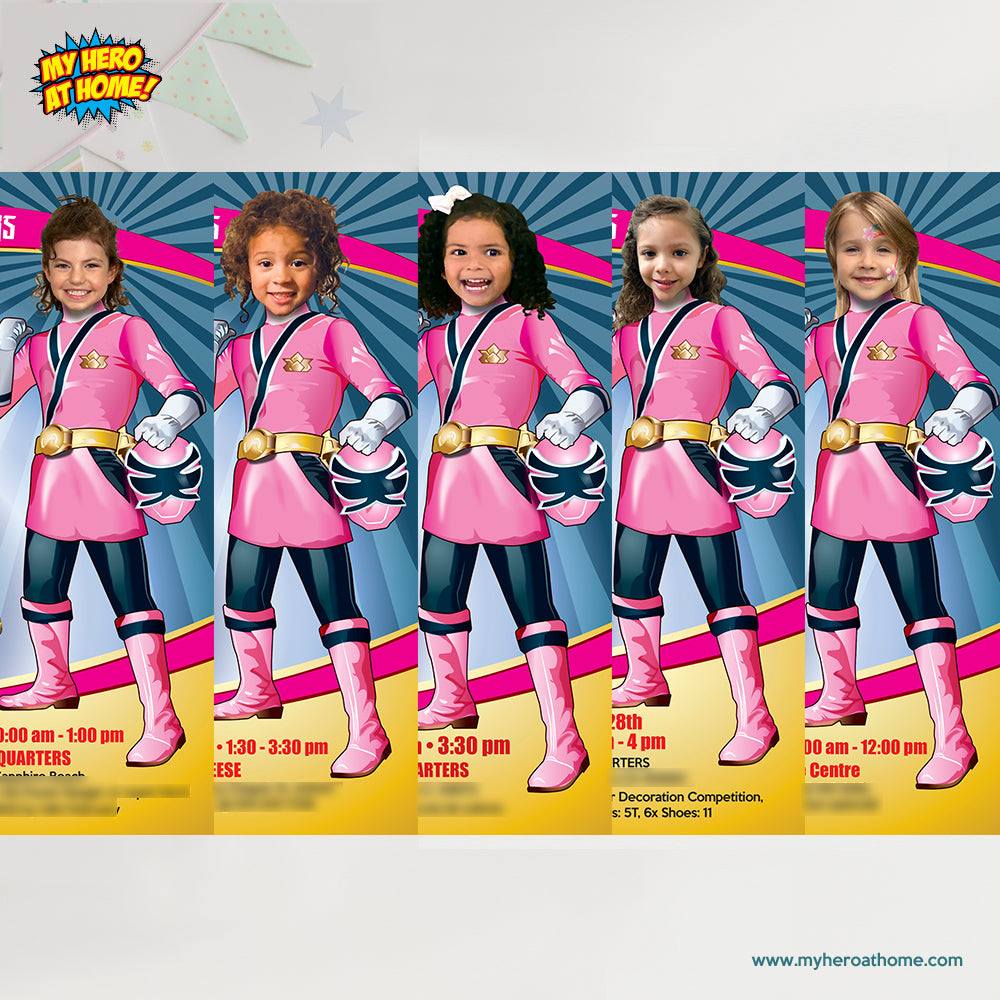 Girl Power Rangers Birthday Pink Invitation with photo, Girl Ranger Theme Party. 838IN