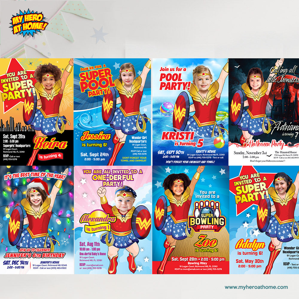 Wonder Girl party invitation with girl as Wonder Woman, Custom Wonder Woman photo invite, Wonder Girl template. 2303IN