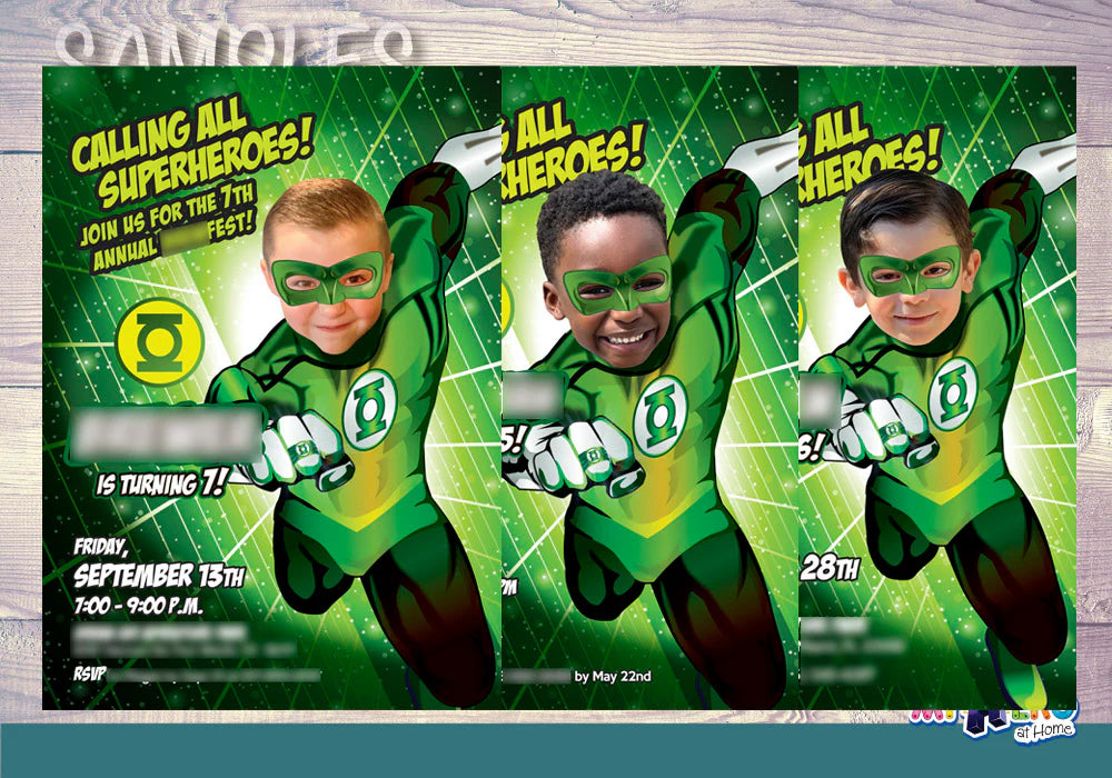Green Lantern Birthday Favor Tag with Photo | Personalized Superhero Thank You Card. 168TY