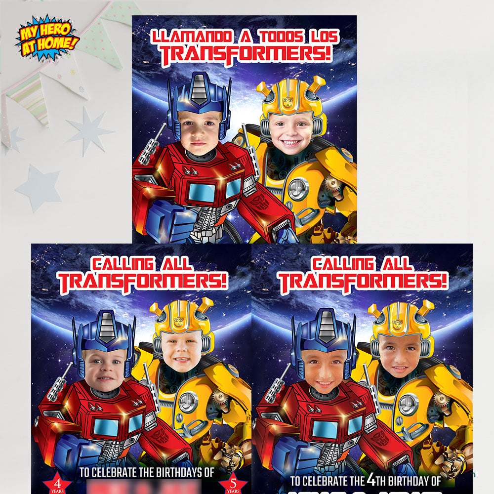 Joint Transformers Birthday Party Invitation with photos, Joint Autobots invitation, Transformers Siblings. 2032