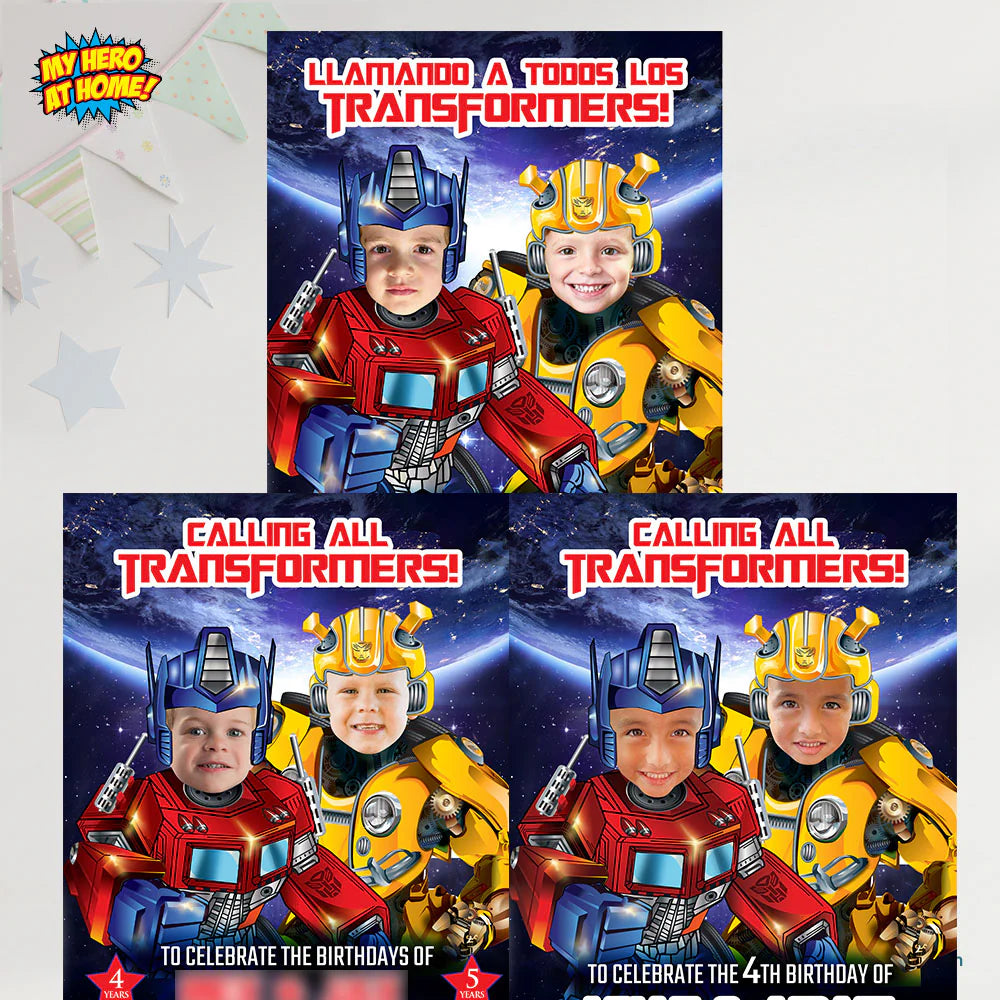 Joint Optimus Prime and Bumblebee Pool Splash Birthday Party Invitation with Kids as the stars. 2489