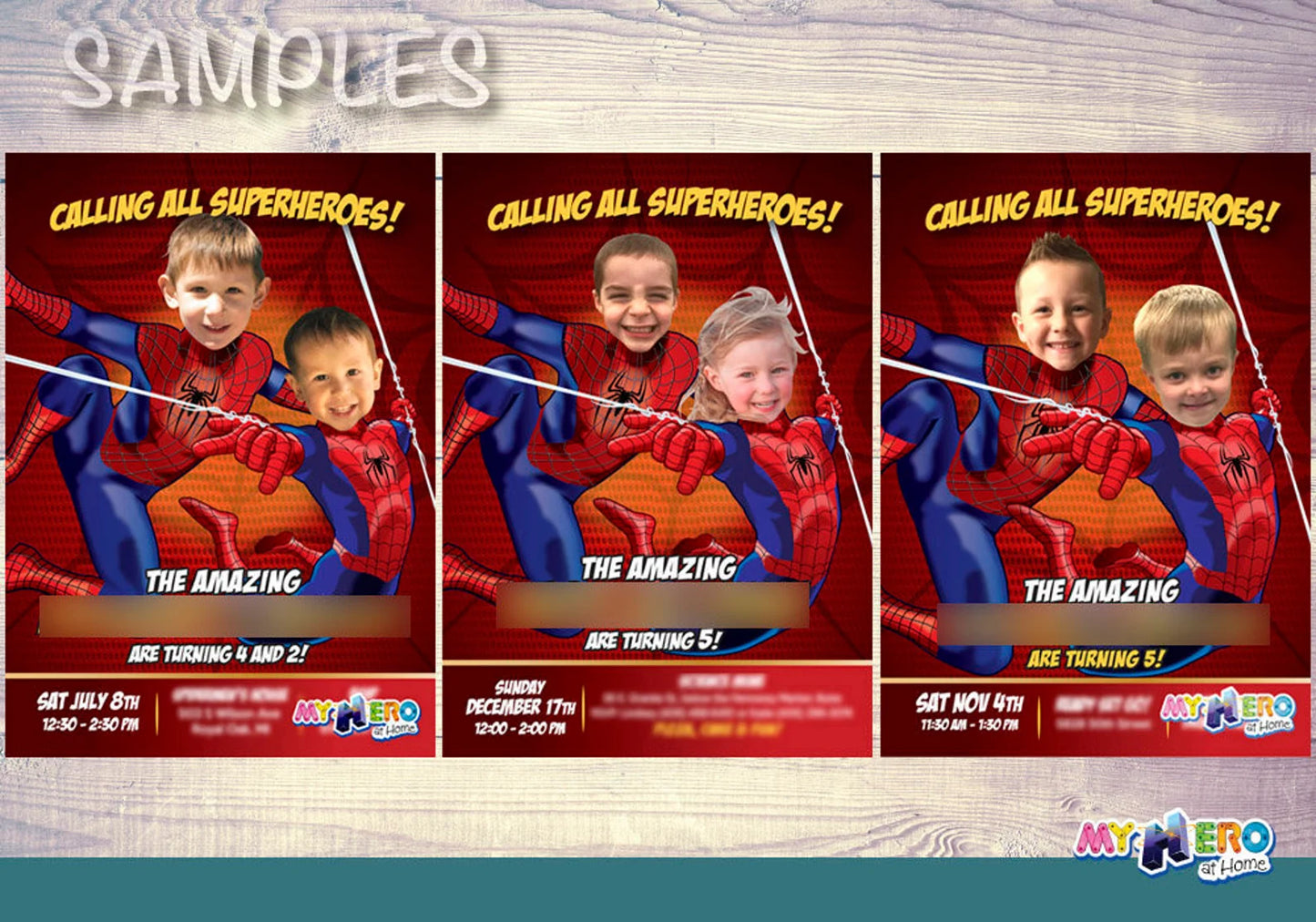 Custom Spiderman Siblings Birthday Invitation with kids as the Stars. 106IN