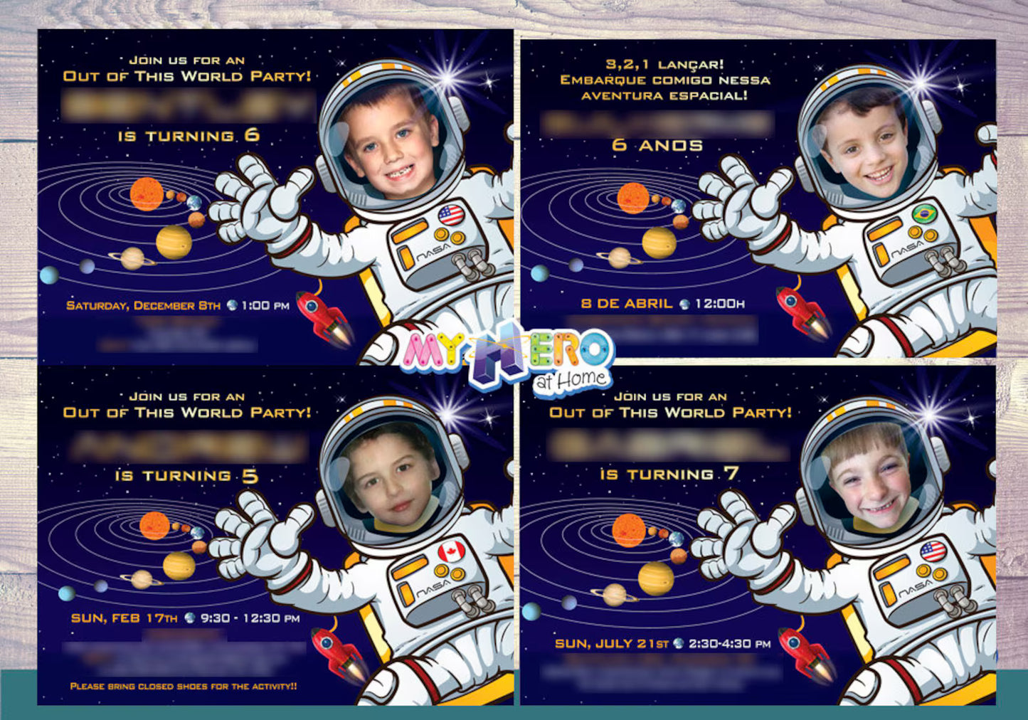 Astronaut Birthday Photo Invitation, Custom Outer Space Party template (Printable, Digital) 004