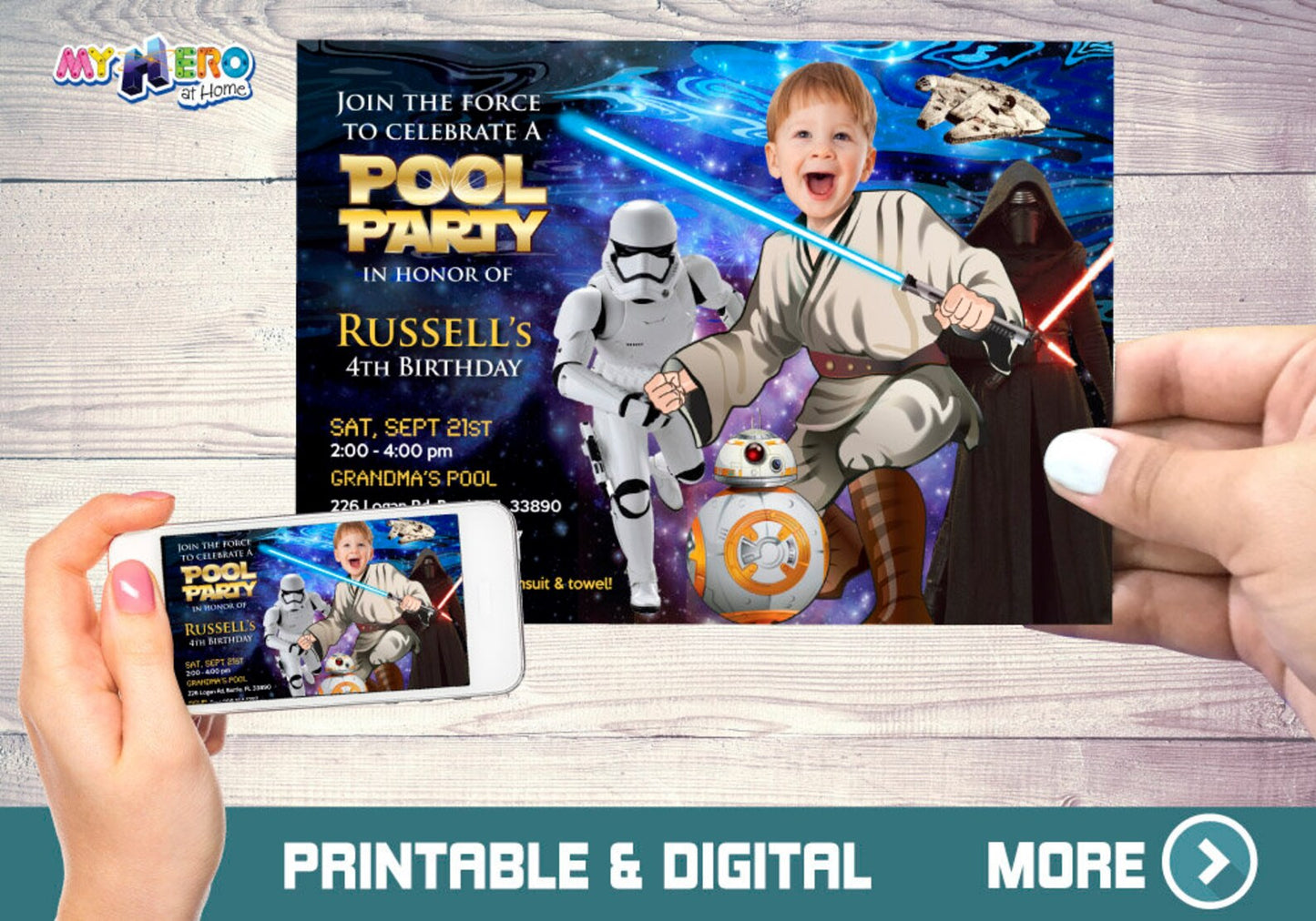Custom Jedi Pool Party Invitation with kid as the star, Star Wars Splash invite. 014