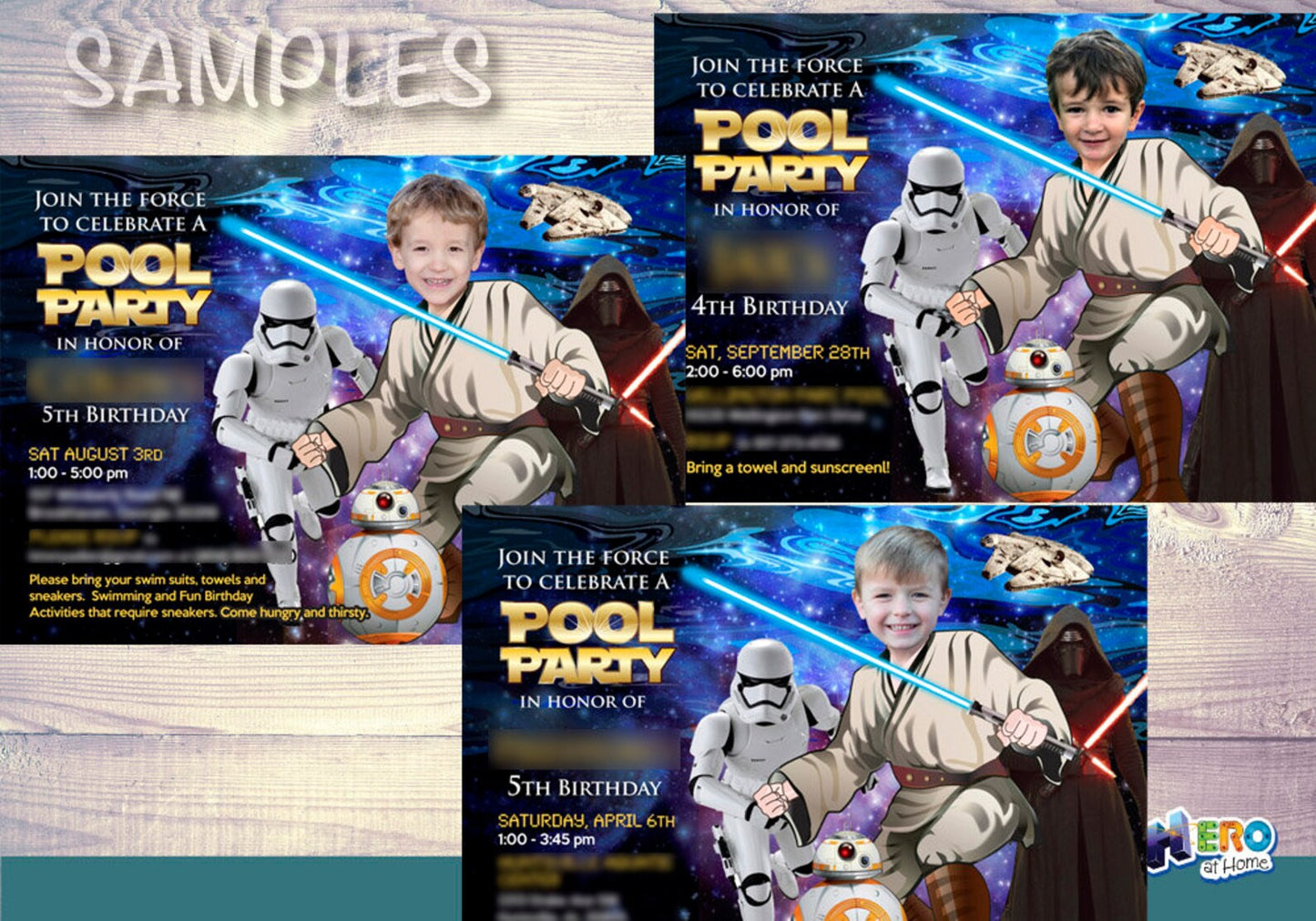 Custom Jedi Pool Party Invitation with kid as the star, Star Wars Splash invite. 014