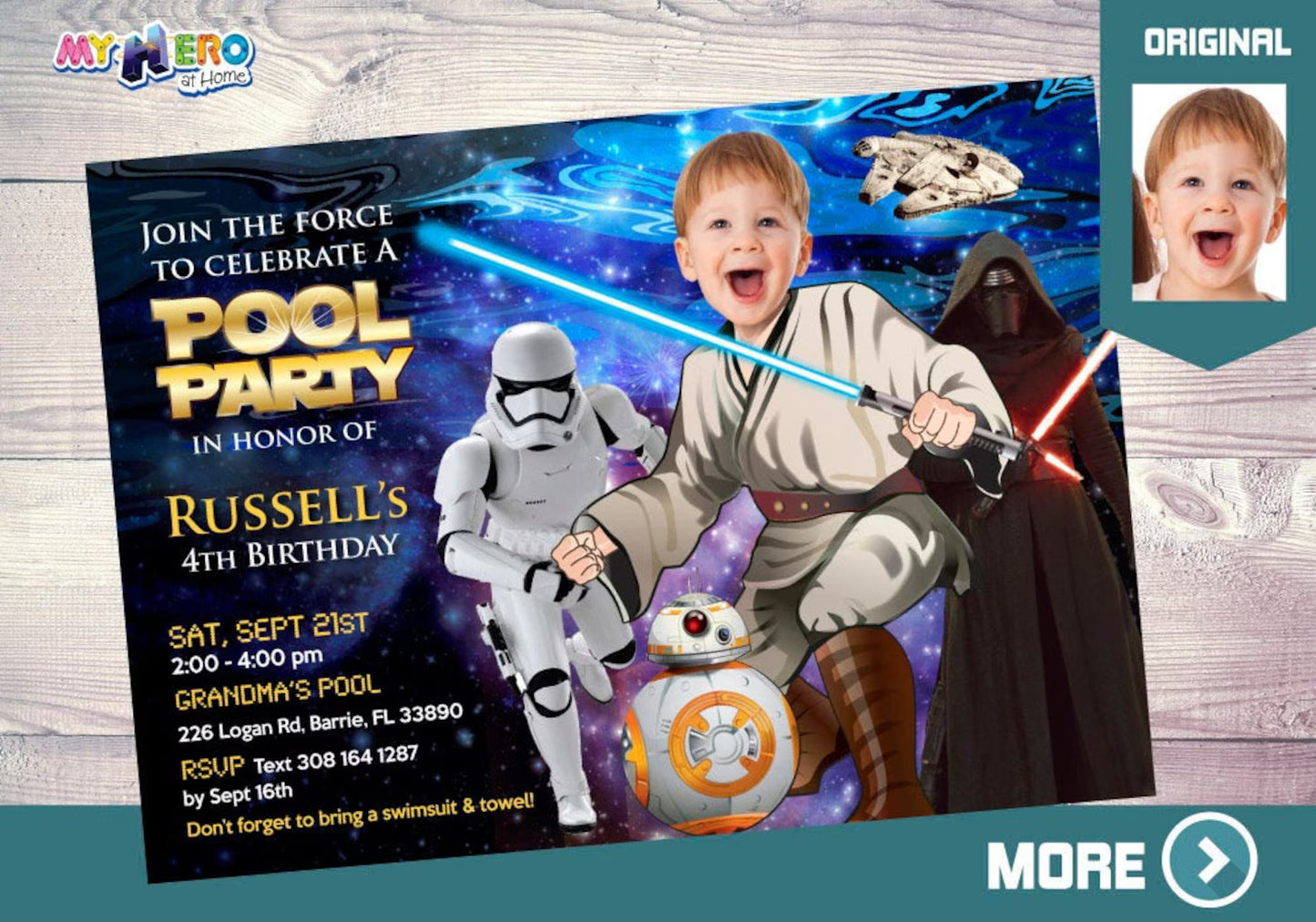 Custom Jedi Pool Party Invitation with kid as the star, Star Wars Splash invite. 014