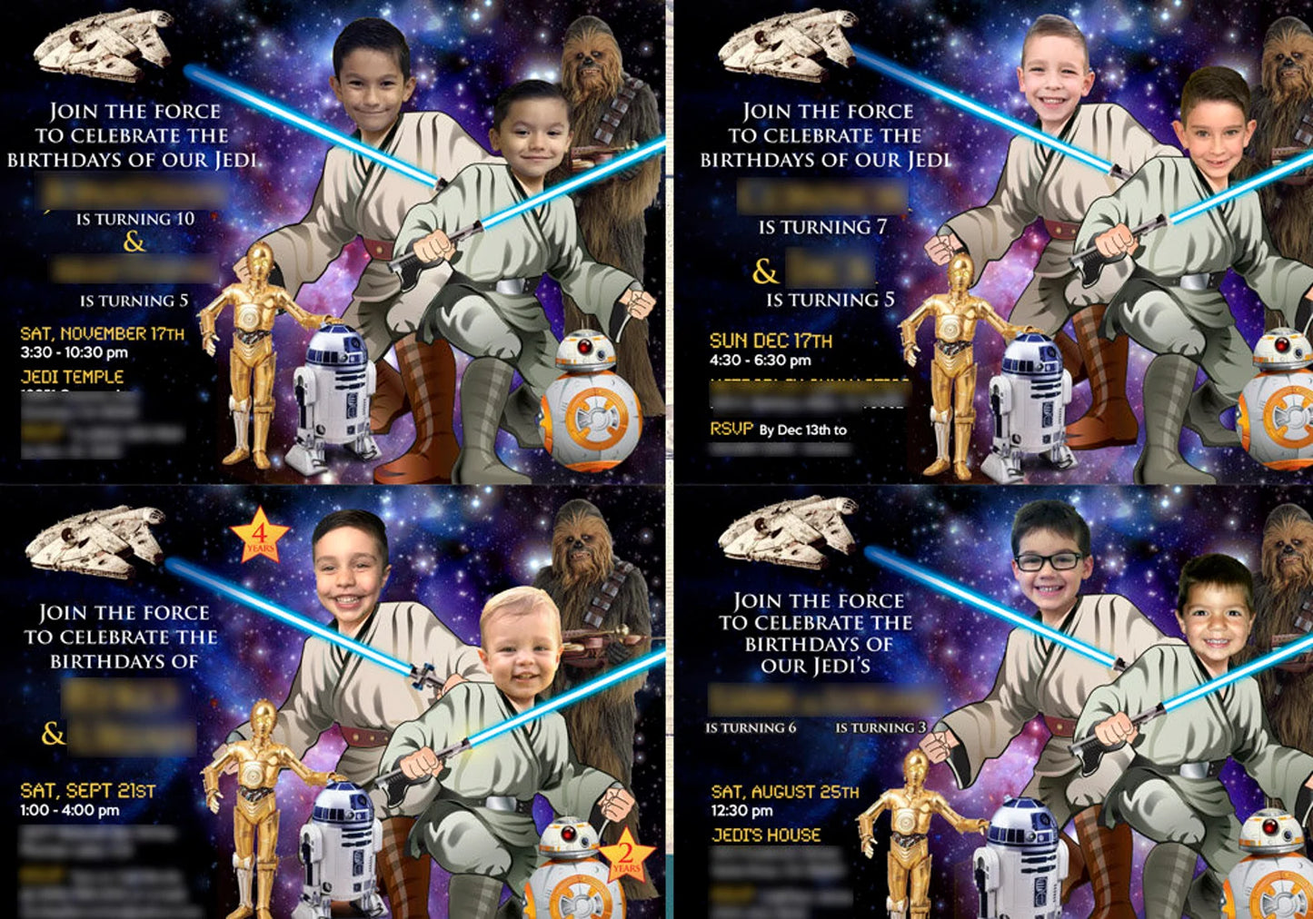 2 Jedis Party template with photos, Joint Star Wars Invite featuring birthday kids. 031