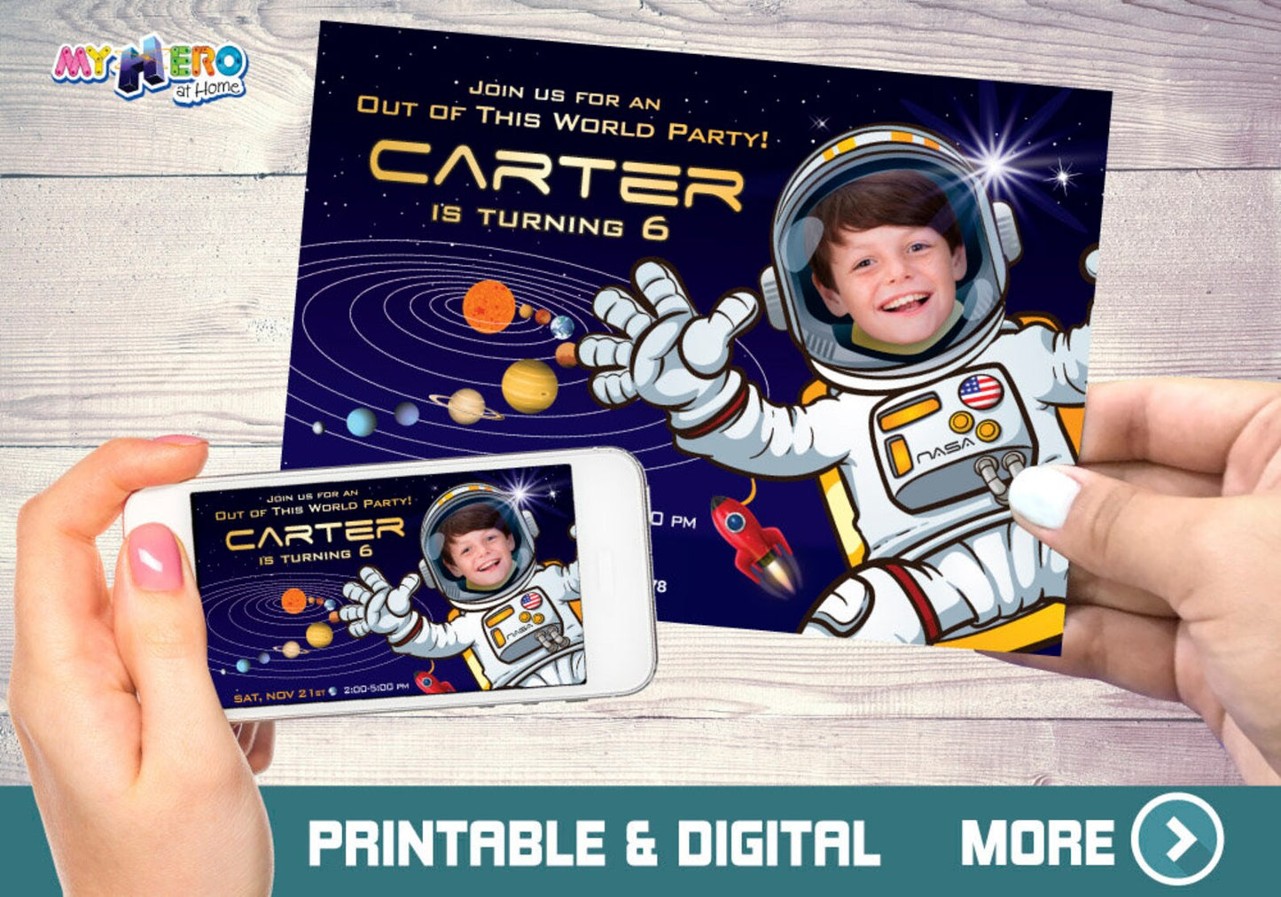 Astronaut Birthday Photo Invitation, Custom Outer Space Party template (Printable, Digital) 004