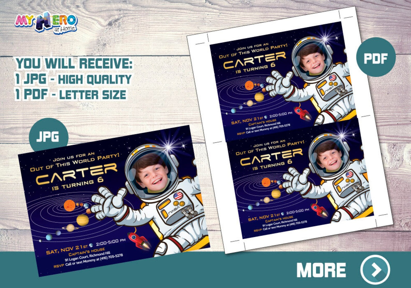 Astronaut Birthday Photo Invitation, Custom Outer Space Party template (Printable, Digital) 004