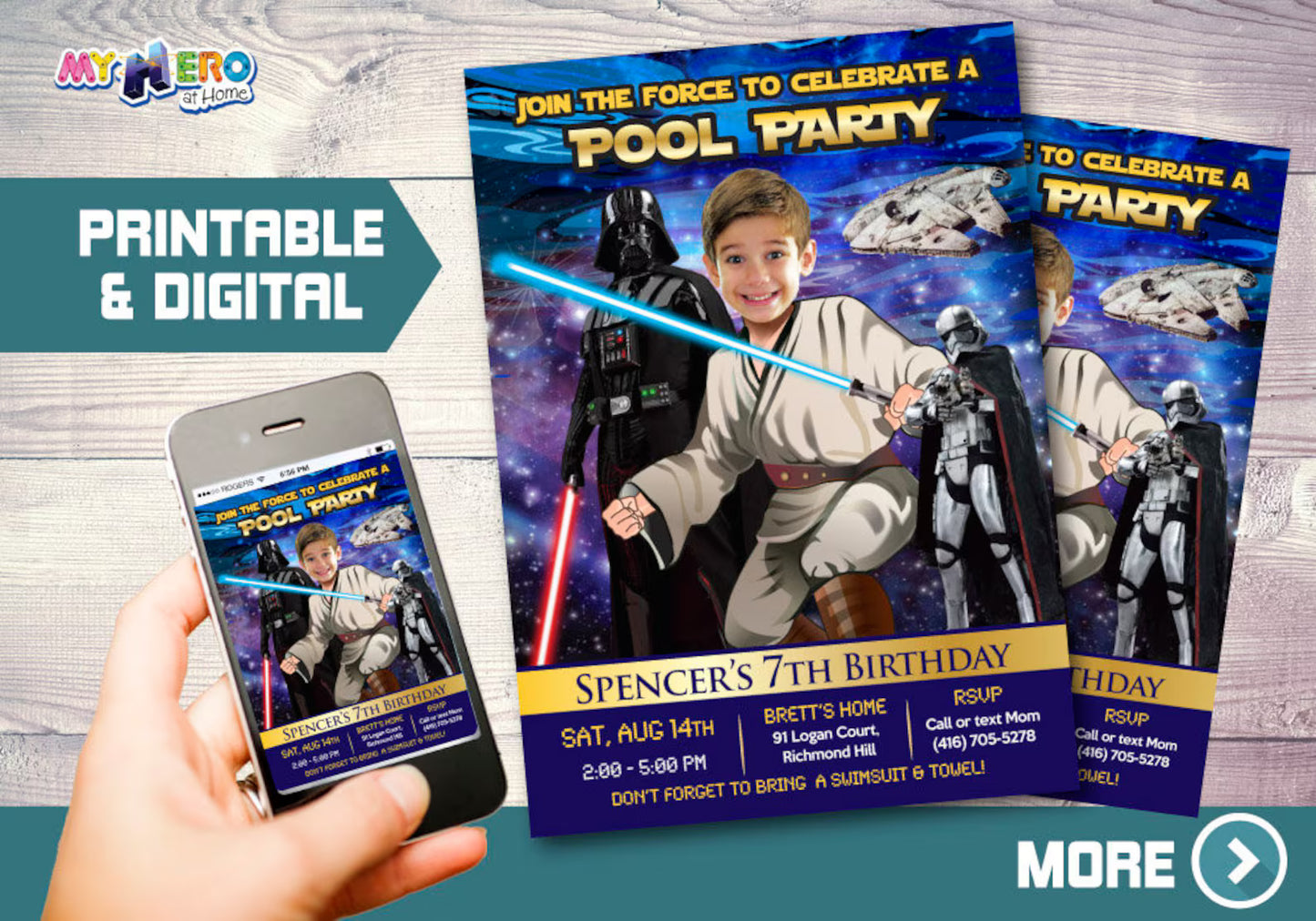 Personalized Star Wars Jedi Pool Party Invitation with Birthday Kid as the jedi. 016
