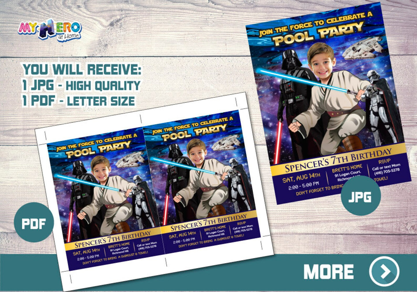 Personalized Star Wars Jedi Pool Party Invitation with Birthday Kid as the jedi. 016