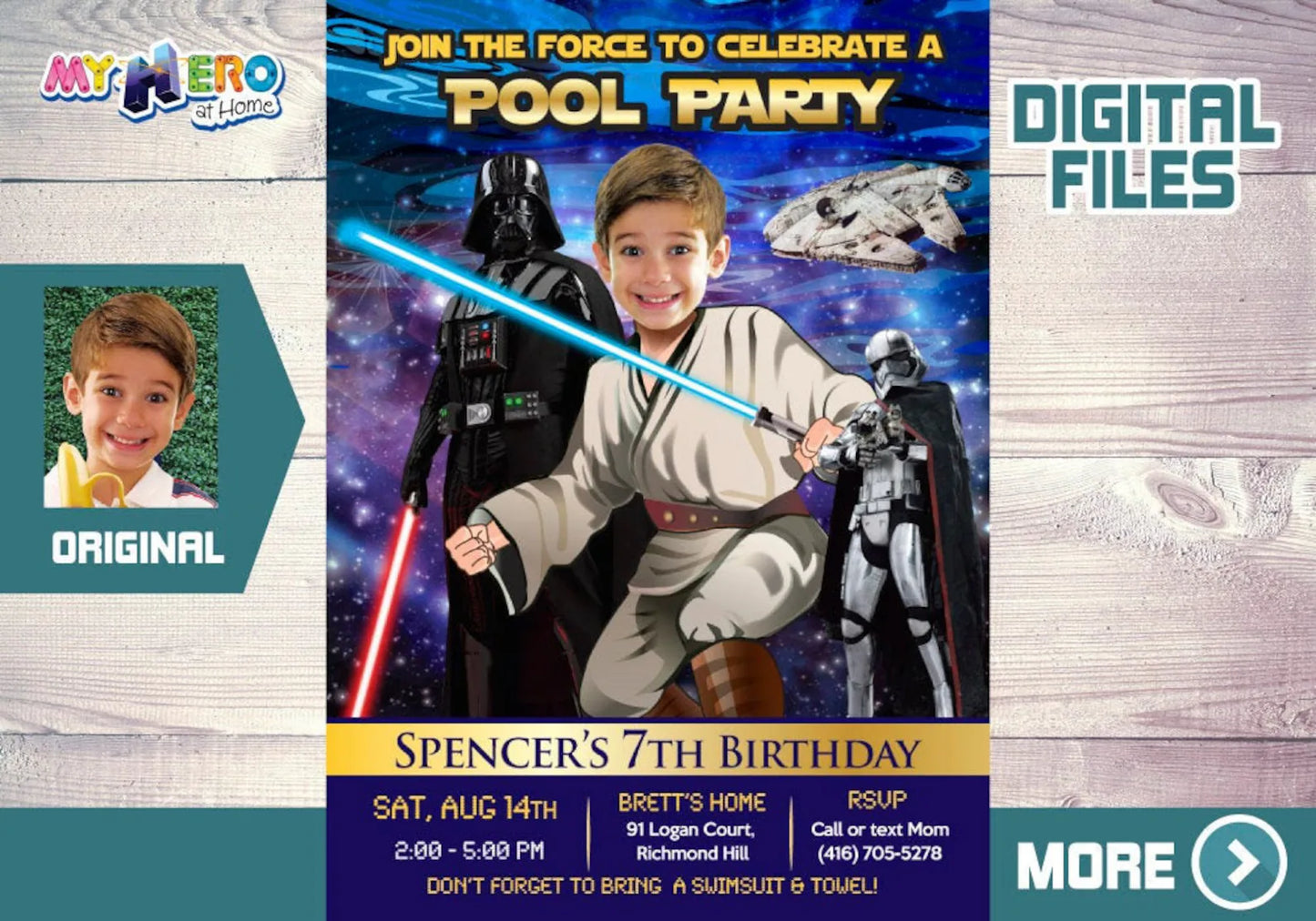 Personalized Star Wars Jedi Pool Party Invitation with Birthday Kid as the jedi. 016