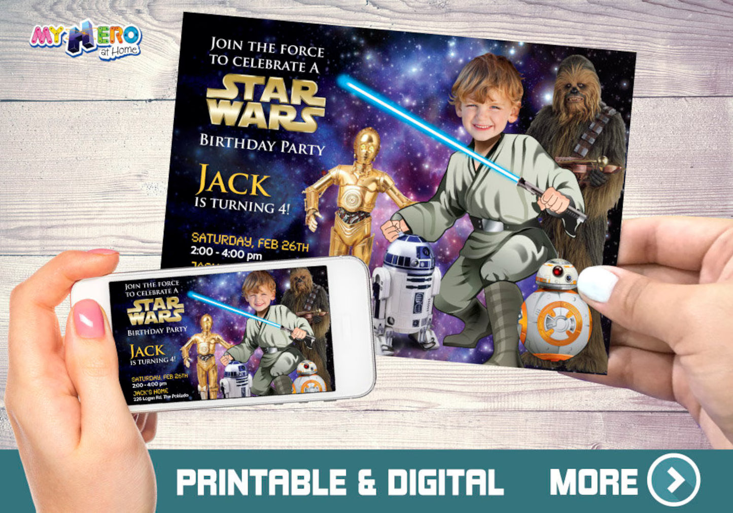 Custom Jedi Birthday Party Invitation with photo, Star Wars Training theme Party. 018H