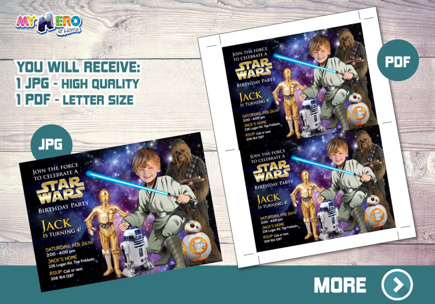 Custom Jedi Birthday Party Invitation with photo, Star Wars Training theme Party. 018H