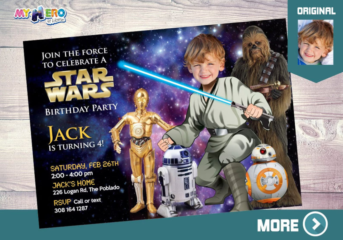 Custom Jedi Birthday Party Invitation with photo, Star Wars Training theme Party. 018H