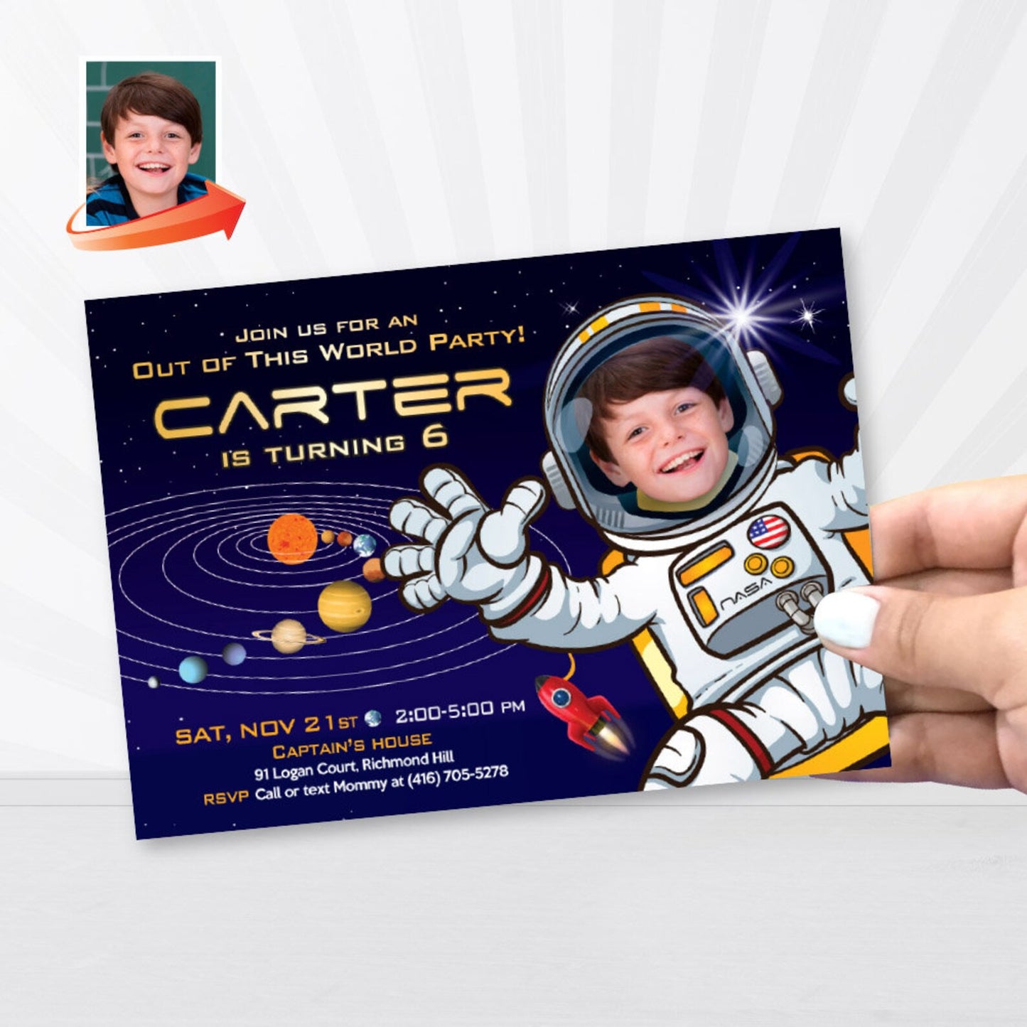 Astronaut Birthday Photo Invitation, Custom Outer Space Party template (Printable, Digital) 004