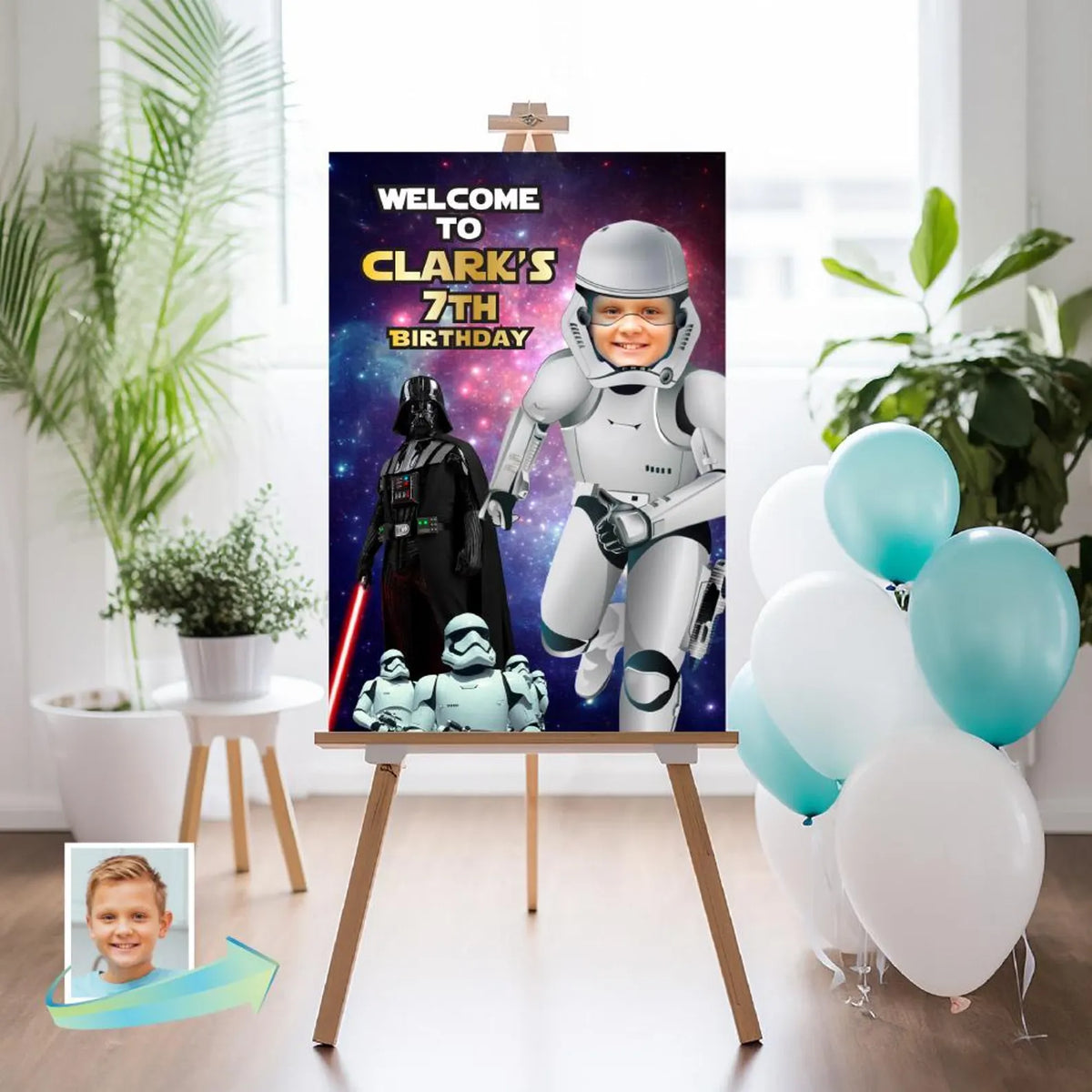 Custom Stormtrooper Welcome sign with kid as the star, Droids Party entrance. 036WS