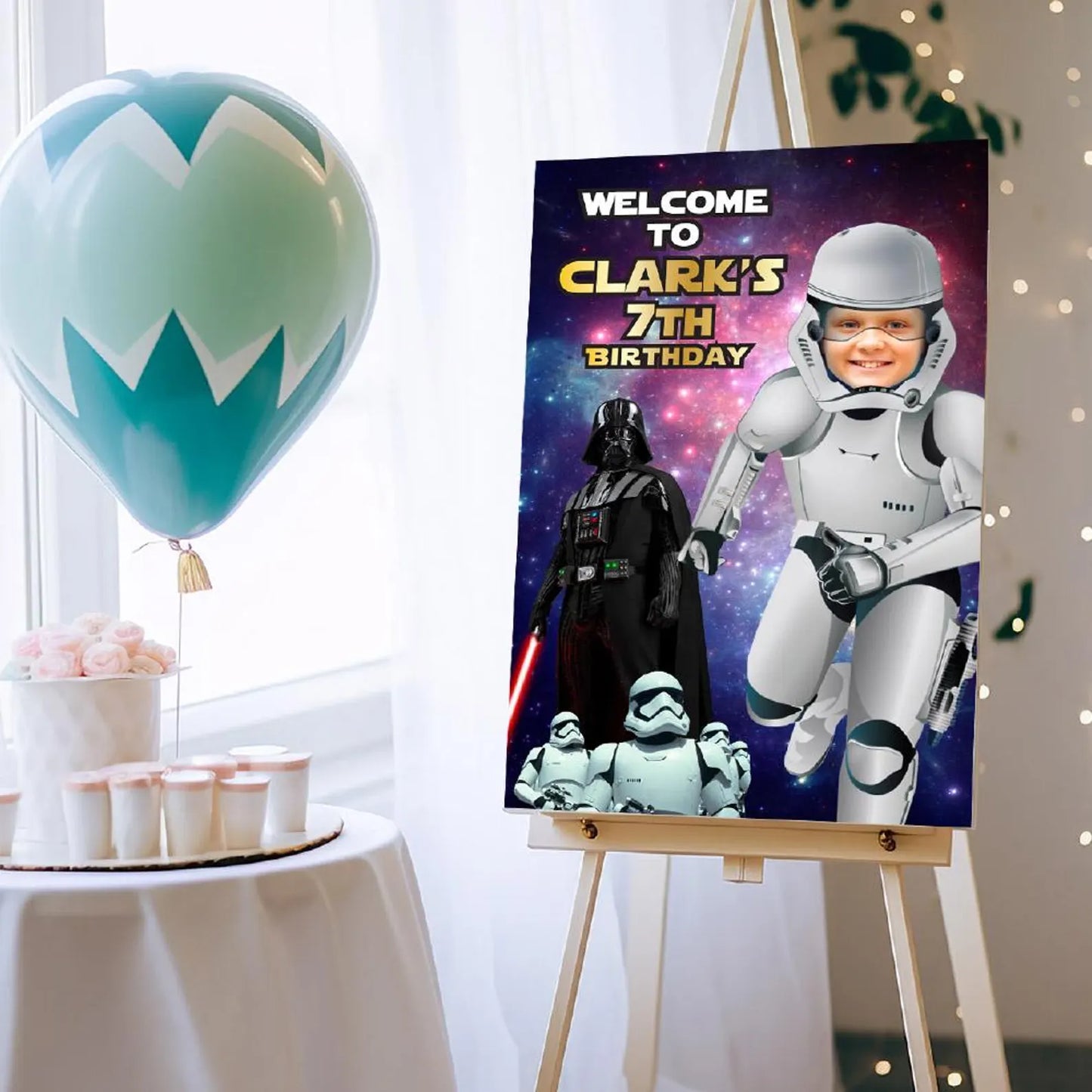 Custom Stormtrooper Welcome sign with kid as the star, Droids Party entrance. 036WS