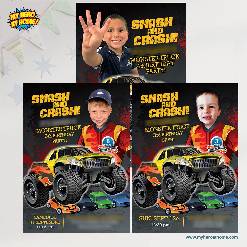 Monster Truck Birthday Invitation with photo, Smash and Crash Photo Template 2002IN