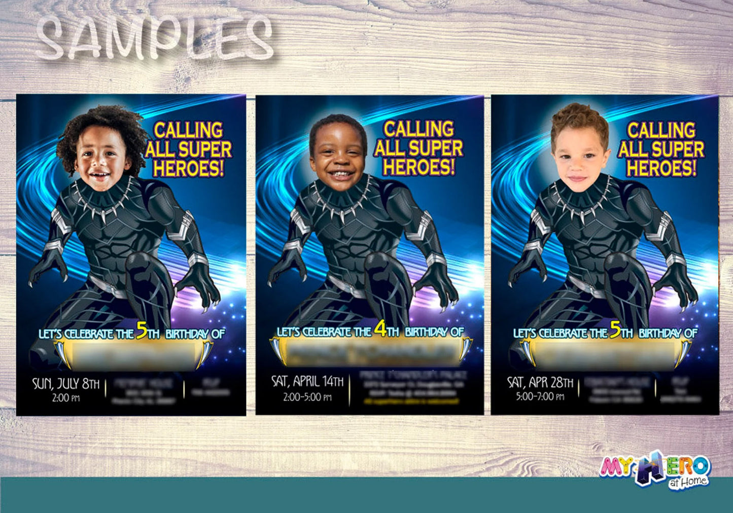 Personalized Joint Black Panther and Captain America birthday Invitation with photos. 164IN