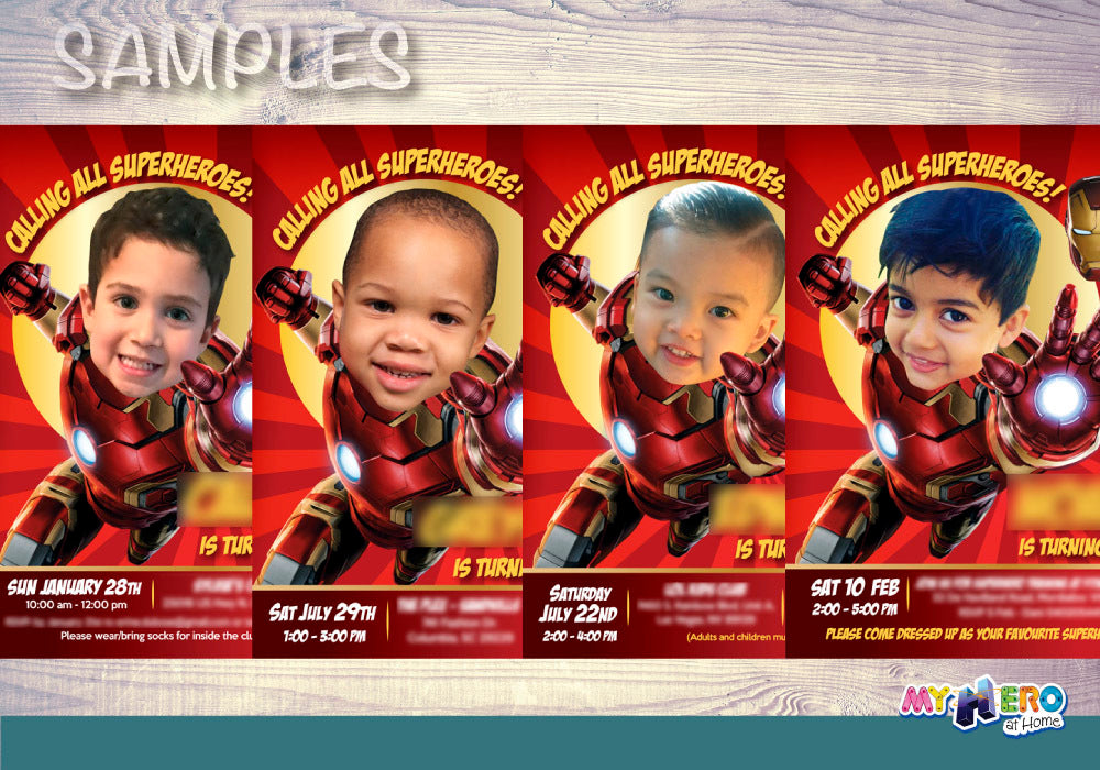 Custom Pool Party Dive into Age Invitation with birthday kid as Ironman. 709BIN